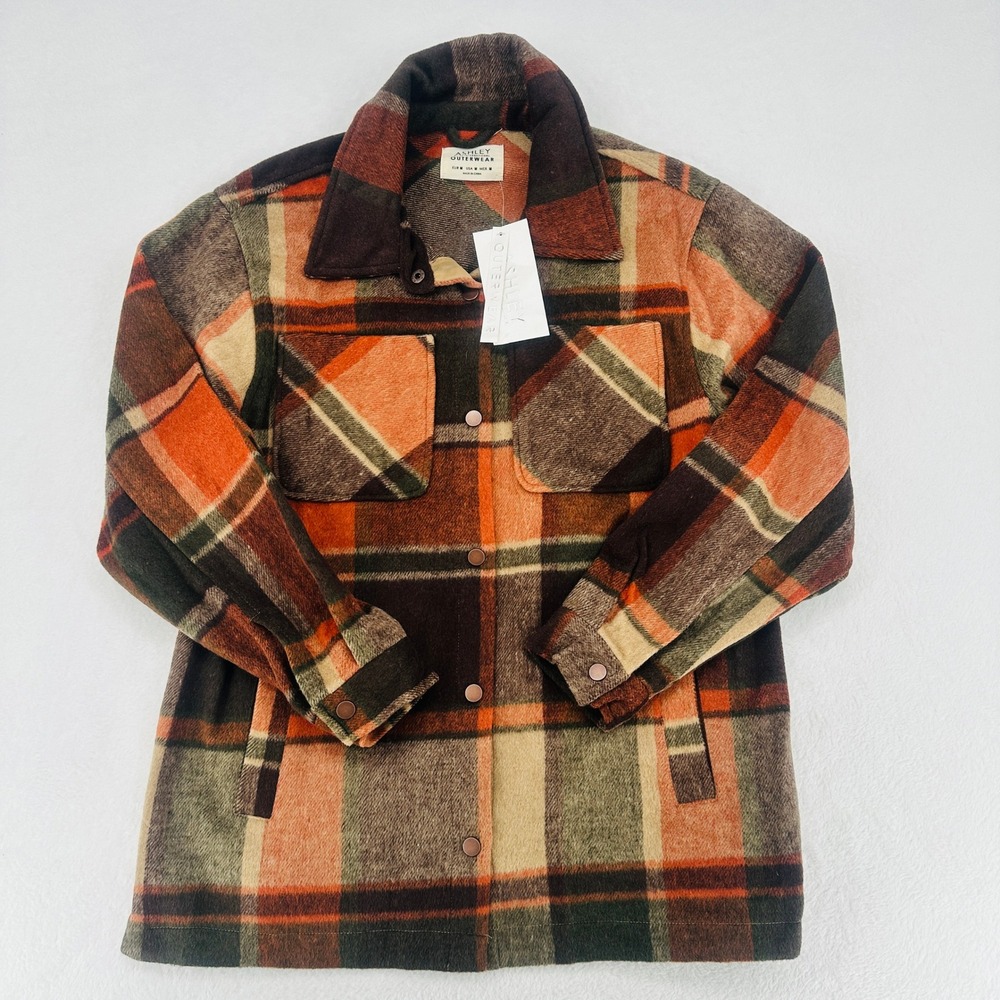 Ashley Plaid Wool Blend Shacket Jacket Brown Tan Green Size M NWT